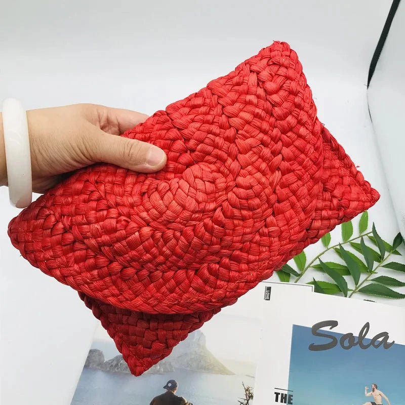 Corn Husk Weave Dinner Clutch Bag Women's Fashion Simple Solid Straw Large Purse Woman Summer Casual Vacation Ladies Wallet 2025 Good Vibrations