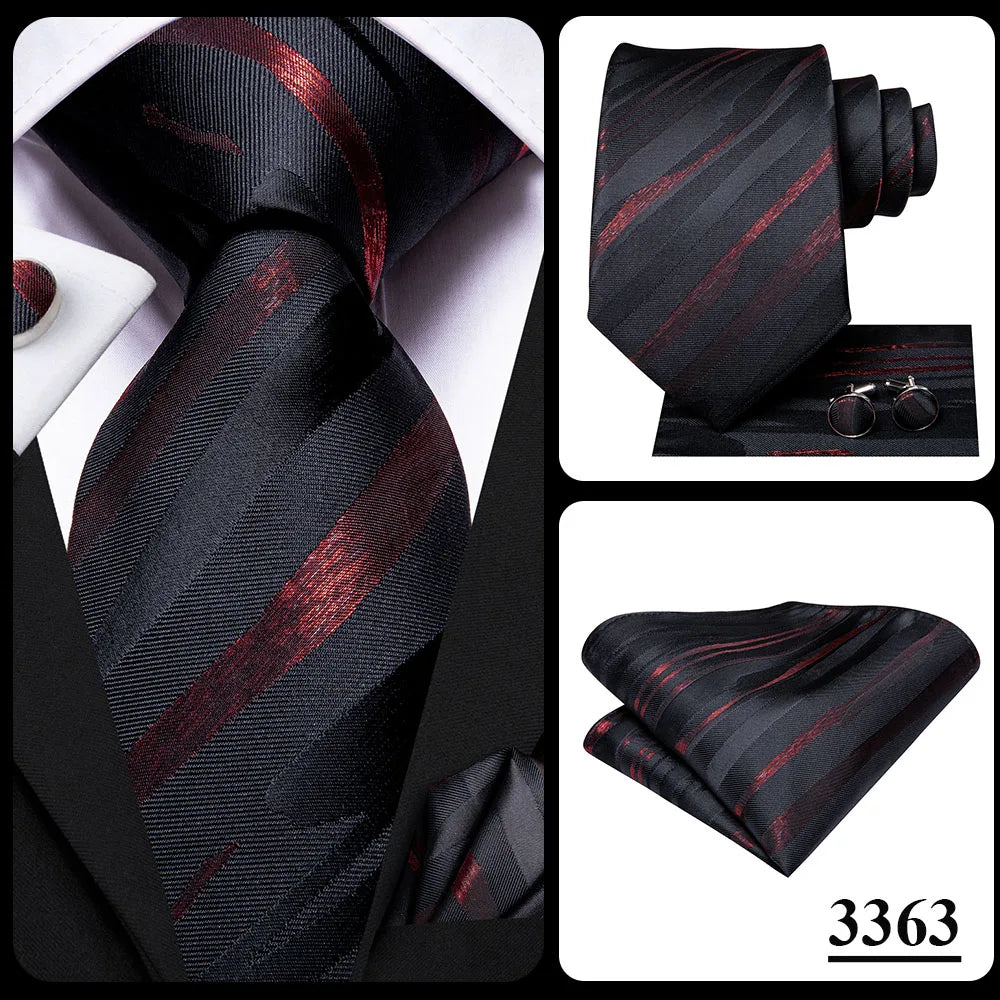 Black Red Striped Silk Wedding Tie For Men Handky Cufflink Gift Men Necktie Fashion Business Party Dropshiping Hi-Tie Designer Good Vibrations