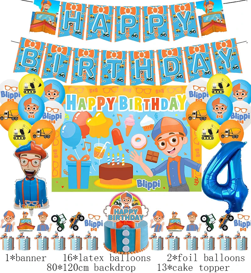 New Blippiing Birthday Party Decoration Foil Balloon Backdrop Banner Cake Topper Baby Birthday Party Supplies Good Vibrations