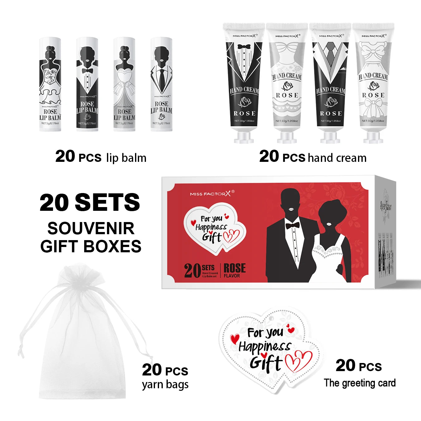 20 sets of wedding dress and suit theme gifts include hand cream, lipstick, white drawstring bag and wedding love greeting card