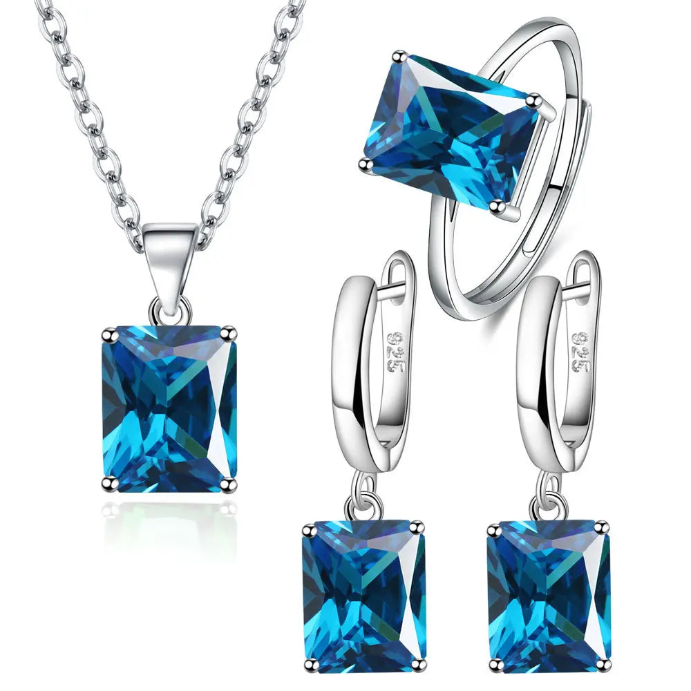 925 Sterling Silver  Elegant Jewelry Sets Ring Earrings Necklace For Women Rectangle Geometry Zircon Wedding Accessories Good Vibrations Adult Super Store