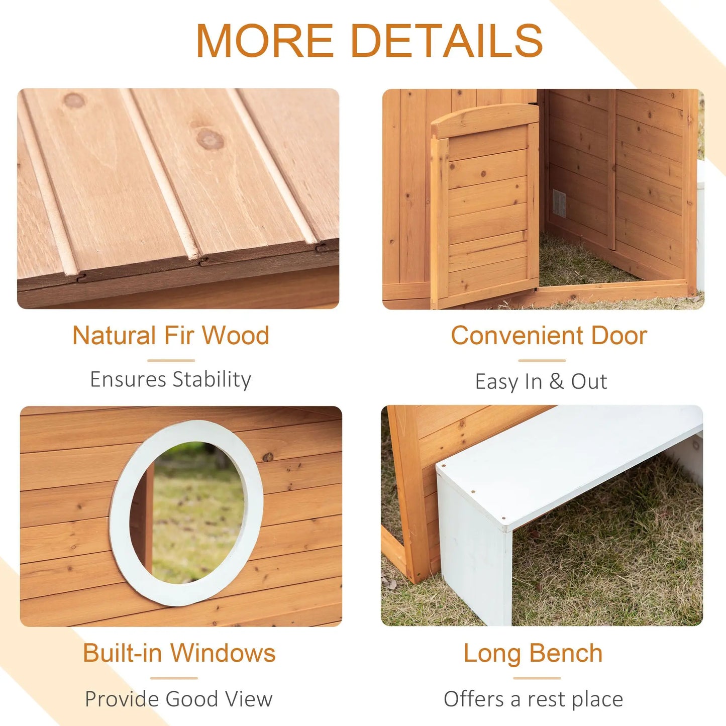 Kids Outdoor Wooden Playhouse with Cottage Door Windows and Mailbox Bench Flower Pot Holder Good Vibrations