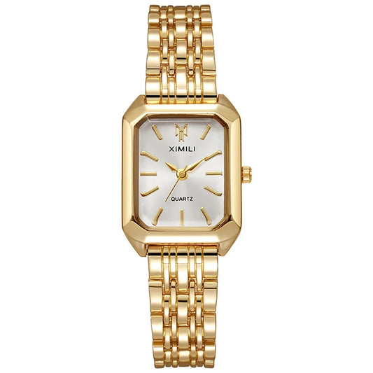 Luxury Ladies Fashion Quartz Watch Simple Scale Square Quality Gold Plated Women Watches Business Stainless Steel Folding Clock Good Vibrations