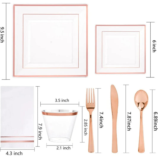 Popular - 350Pcs Rose Gold Plastic Plates - Clear Rose Gold Disposable Dinnerware Sets for 50Guests include 100 Plates 50 Cups Good Vibrations