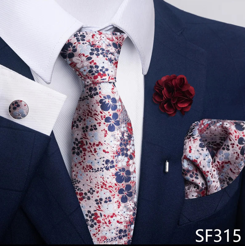 Luxury Mens Ties Floral Black Gold Ties Paisley NeckTie Pocket Square Cufflinks Brooch Set Men's Wedding Party Tie Good Vibrations
