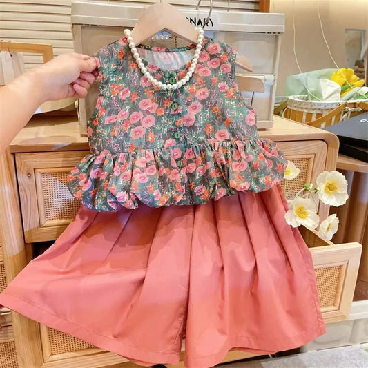 Girls Clothing Sets 2024 Summer New Children's Wear Ladies Style Fashion Floral Sleeveless Vest Top+wide Leg Skirt Pants 2-7Y Good Vibrations