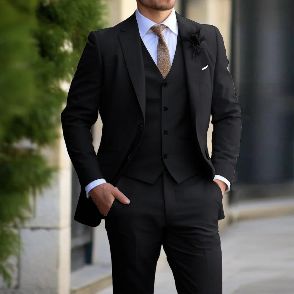 Classic Men Suit 3 Pieces Fashion Slim Fit Blazer Vest Pants Set Formal Business Wedding Tuxedos for Men Casual Clothing Good Vibrations