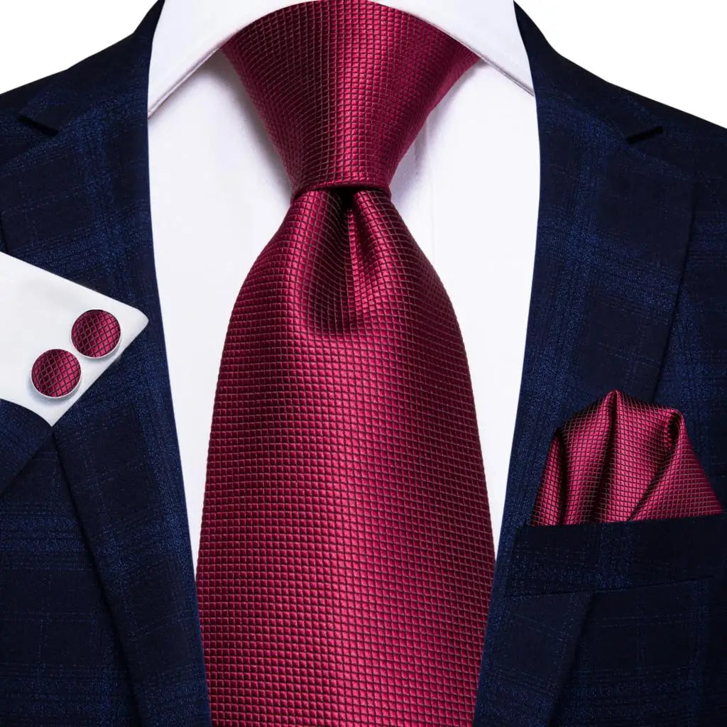 Hi-Tie Designer Red Burgundy Plaid Silk Wedding Tie For Men Handky Cufflink Gift Mens Necktie Fashion Business Party Dropshiping Good Vibrations