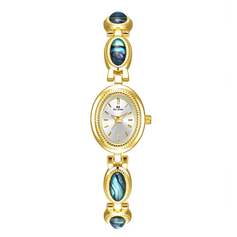 Watches For Woman Elegant Vintage Black Gold Shell Bracelet Ladies Small Dial Oval Quartz Dress Watch Good Vibrations