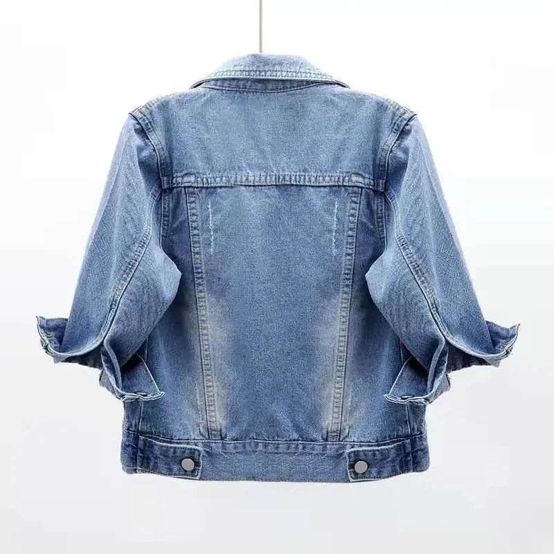 2024 New Women Spring Autumn Denim Jacket Tops Pink Color Solid Short Multicolor Feminino Three Quarter Sleeve Jean Jacket Good Vibrations