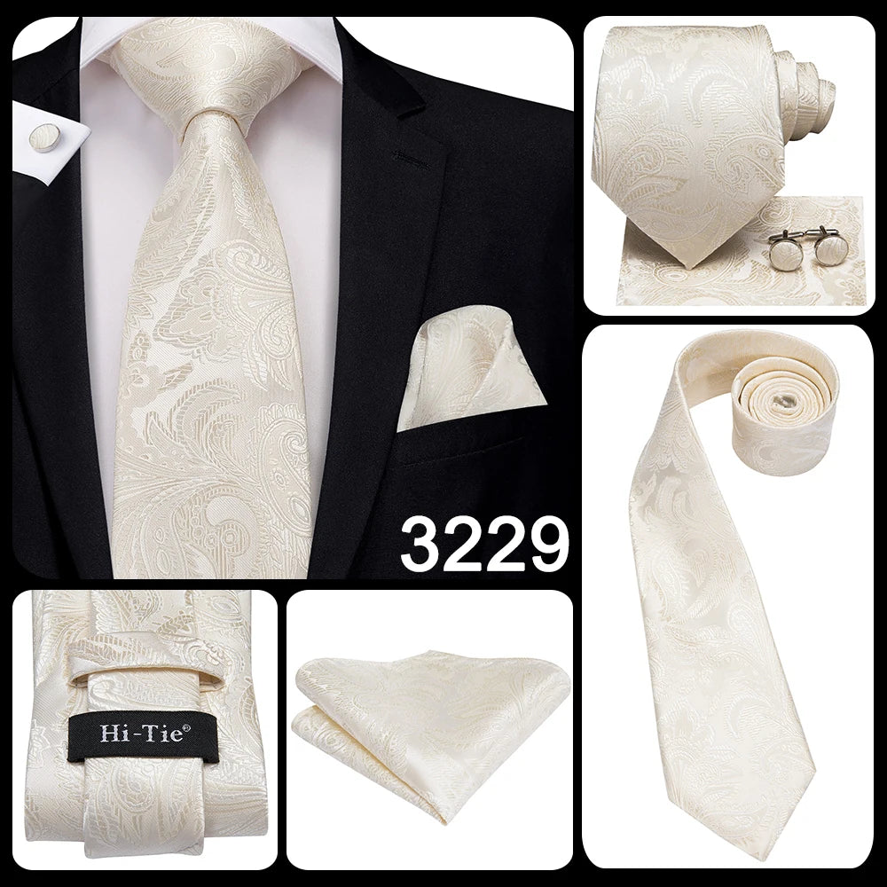 Men's Ties White Sliver Hanky Cufflinks Set Silk Neck ties For Men Wedding Party Business Mens Tie 2022 New Fashion Brand Hi-Tie Good Vibrations