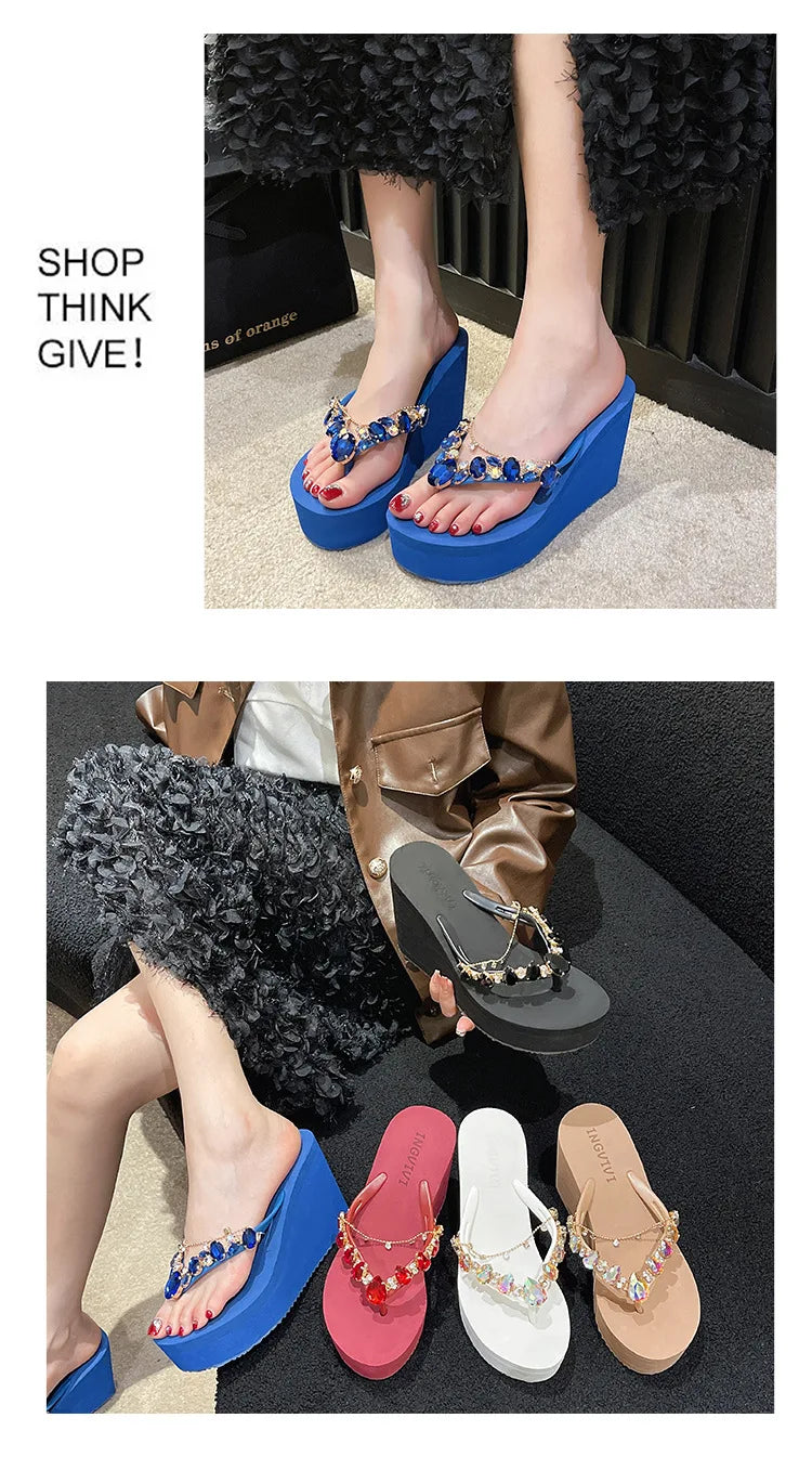 Flip Flops Women New High Heeled Slippers Women Diamond Slope Heel Slippers Elegant Fashion Beach Sandals Womens Sexy Shoes Good Vibrations