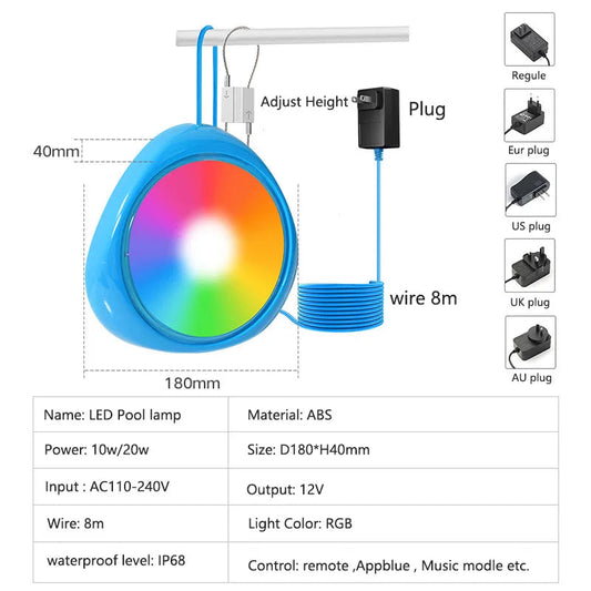 LED Underwater Light with Remote Control RGB Submersible Night Lamp Color Changing 12V Pool Lights Waterproof Wall Mounted Light Good Vibrations