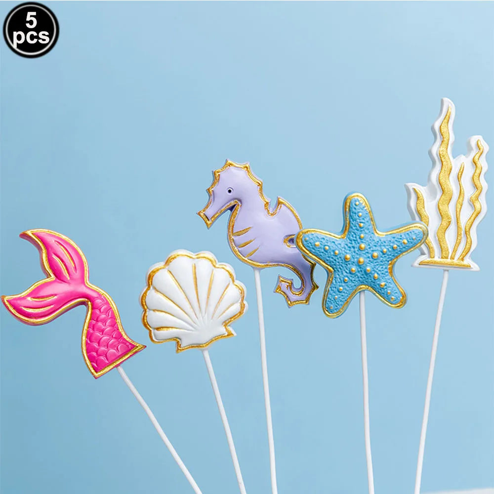 Mermaid Theme Cake Toppers Shell Starfish Fish Tail Children Girl Birthday Wedding Baby Shower Party Cake Decorations Supplies Good Vibrations