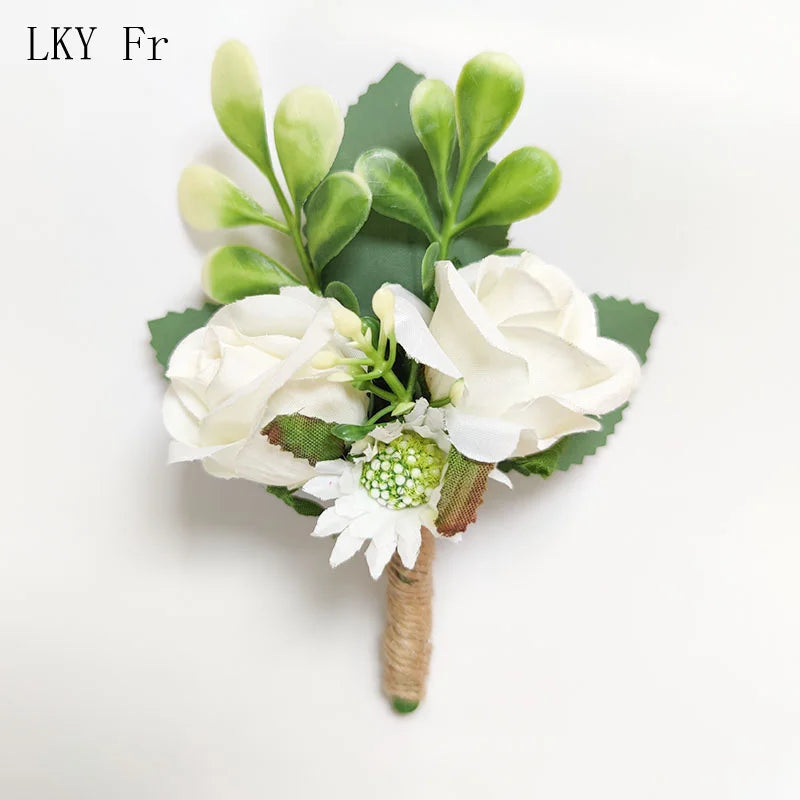 White Boutonniere Wedding Accessories Groom Buttonhole Wrist Corsage Brooch Flowers Artificial Silk Roses Bridesmaids Bracelets Good Vibrations