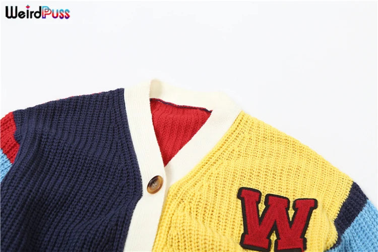 Weird Puss Y2K Cardigan Sweater Women Letter Print Casual Wild V-Neck Button Colorful Patchwork Street Trend Hipster Knit Coat Good Vibrations