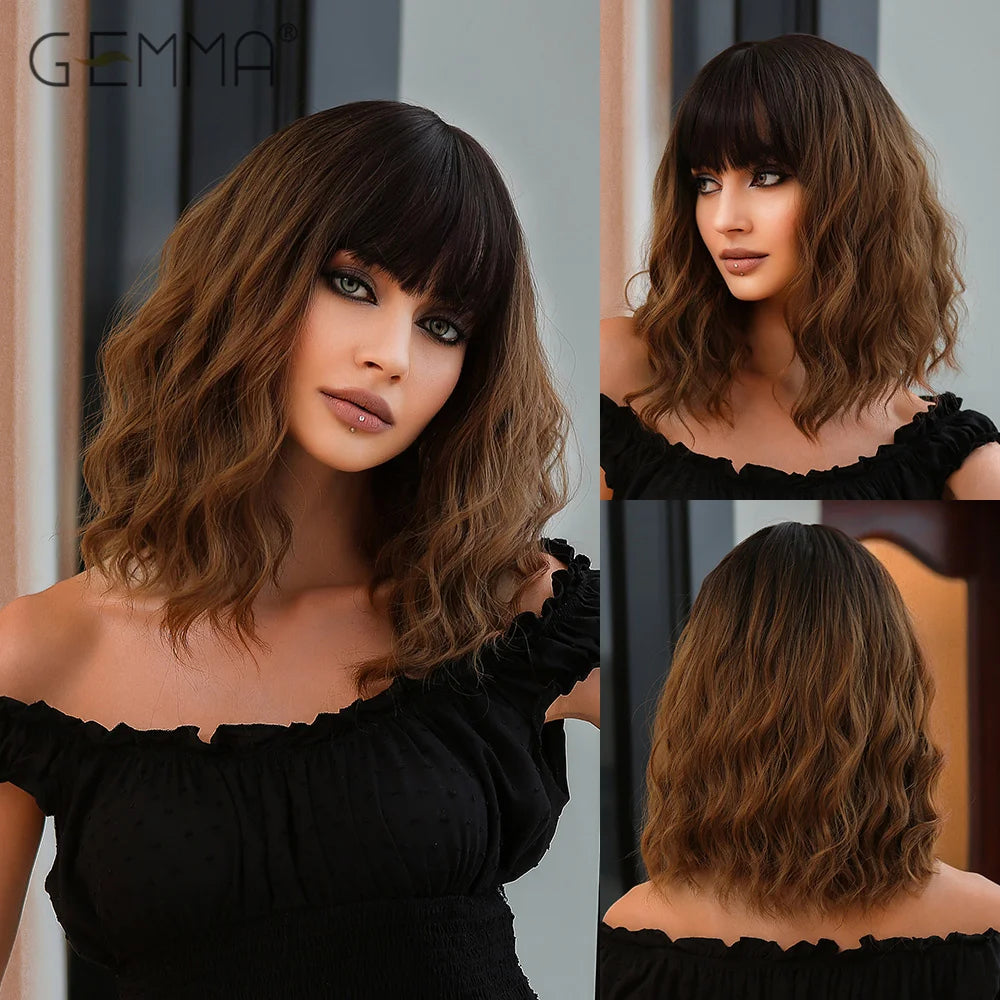 Synthetic Orange Cosplay Wig with Bangs for Women Shoulder Long Curly Copper Ginger Wigs Natural Heat Resistant Halloween Hair Good Vibrations