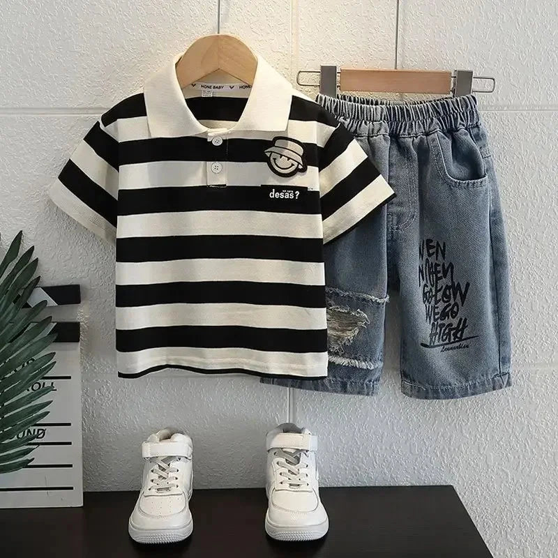 Boys Outfit T-Shirt and Jeans Korean Polo Fashion 2PCS Casual Clothing Korean Reviews 2025 Summer Top Toddler Kids Clothes Sets Good Vibrations