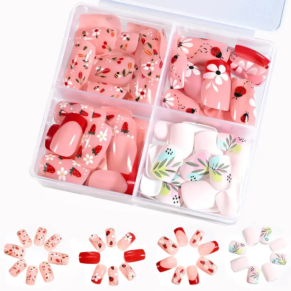96Pcs Halloween Press on Nails Almond & Coffin Blood Red Nails with Skeleton Fake Nails Design Full Cover Artificial False Nails Good Vibrations
