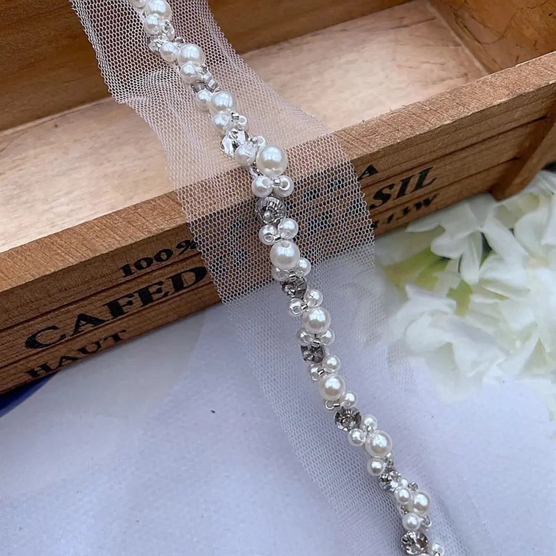 90cm Pearl Beaded Lace Trim Ribbon Garment Decoration Applique Trimming Rhinestone Tape DIY Sewing Fabric Material Accessories Good Vibrations