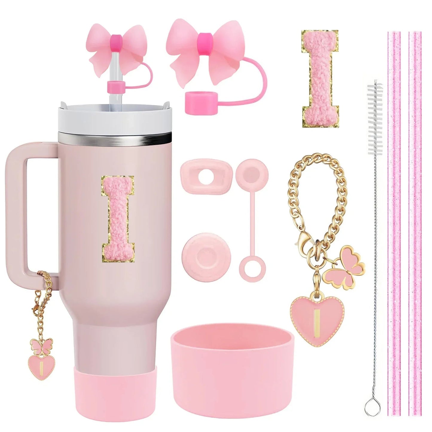 10PCS Accessories Set for Stanley Cup, 2 Straw and Brush and 1 Flower Charm Chain 3 Spill Proof Stopper Flowers Straw Cover Boot Good Vibrations