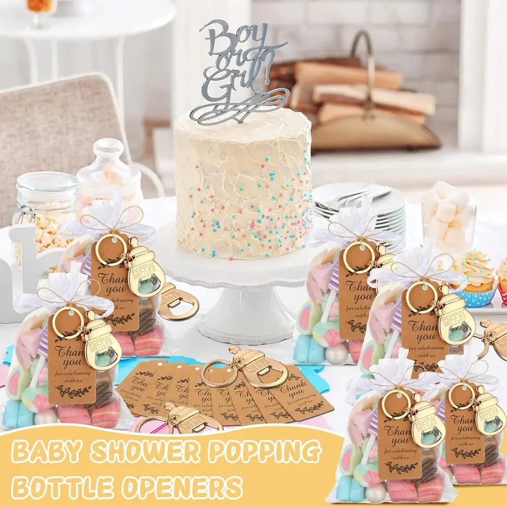 10 set baby shower gift set, bottle shaped opener with hard gauze bag commemorative keychain, thank you label themed party gift Good Vibrations