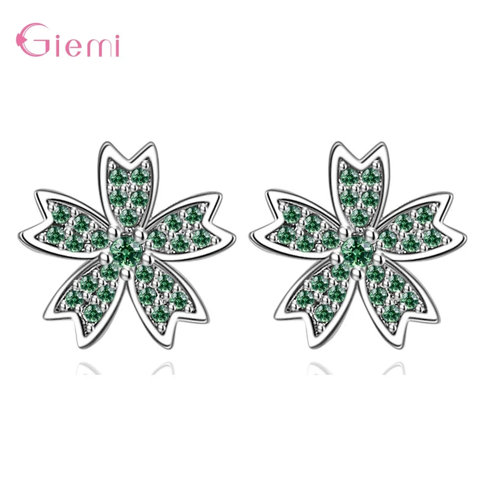 Charm 925 Sterling Silver Jewelry Sets Shiny Cherry Blossoms Cubic Zircon Necklace Earrings Bracelet for Women Girls Party Gift Good Vibrations