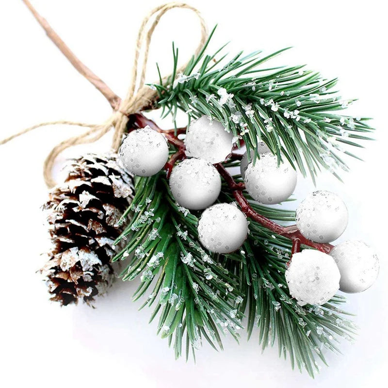 16X White Christmas Berries/Berry Stems Pine Branches & Artificial Pine Cones/White Holly Spray/Wreath Picks For Decor Good Vibrations