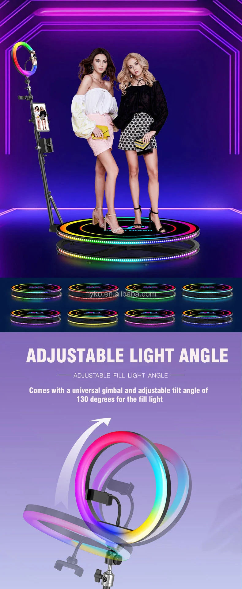360 Photo Booth Machine 80-100cm with RGB Ring Light, Free Logo, rotating 360 Video Photo Booth for 1-5 People with Flight Case Good Vibrations
