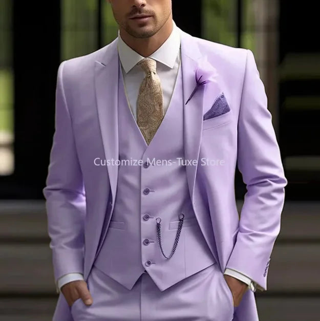 New Beige Suit Men Business Tuxedos Formal 3 Piece Set Jacket Vest Pants Single Breasted Groom Groomsman Prom Wedding Party Good Vibrations
