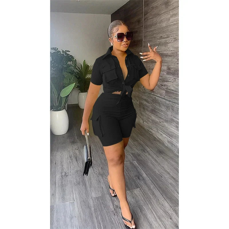 Streetwear Two Piece Set for Women Summer Outfits Pockets Short Sleeve Button-Up Shirt Top Short Sets Party Club Matching Sets Good Vibrations