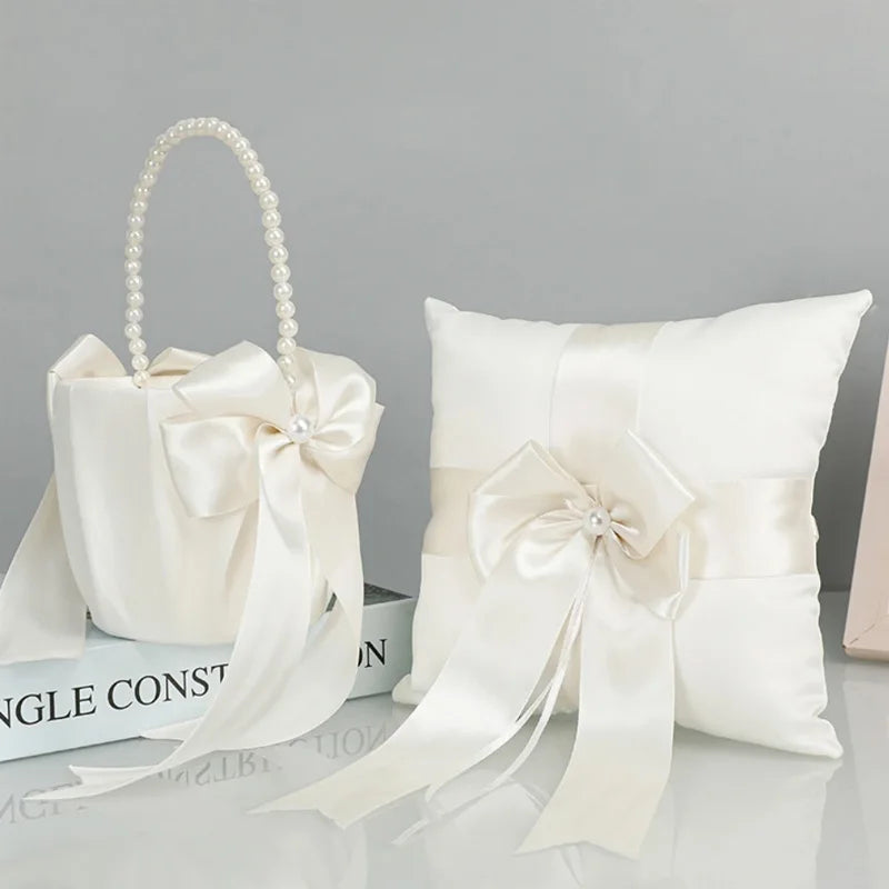 Flower Girl Basket Ring Bearer Pillow Set White Romantic Satin Bow Pearls Ring Pillow For Bride/Kid Wedding Ceremony Party Decor Good Vibrations