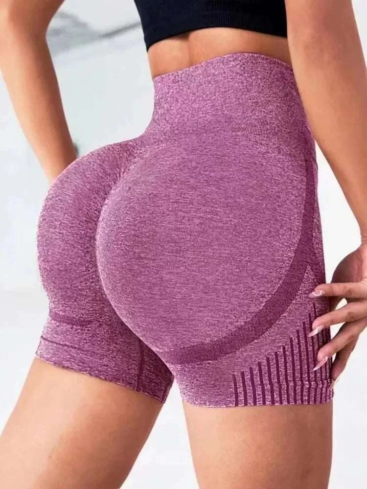 High-waist seamless purple women yoga shorts with knitted herringbone fabric and lift butt design.