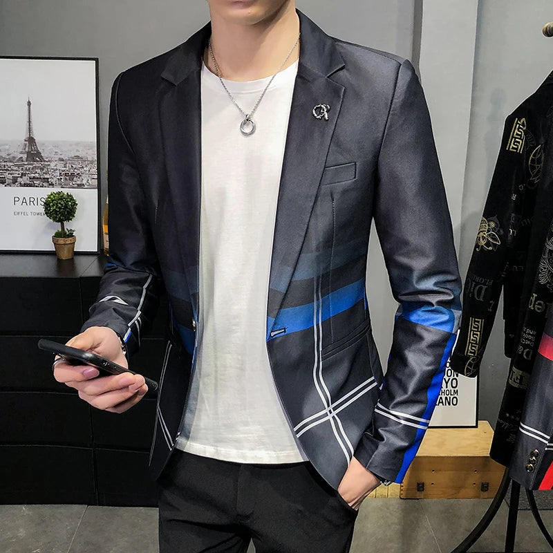 Blazer Men Boutique Fashion Plaid Men's Slim Casual Suit Jacket Male Ball Social Blazer Suit Coat Host Clothing Good Vibrations