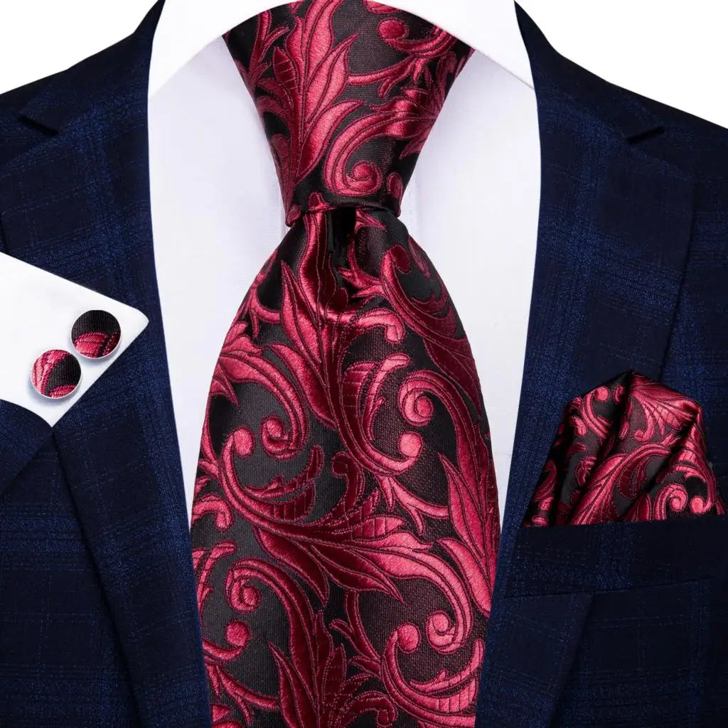Hi-Tie Designer Red Burgundy Plaid Silk Wedding Tie For Men Handky Cufflink Gift Mens Necktie Fashion Business Party Dropshiping Good Vibrations