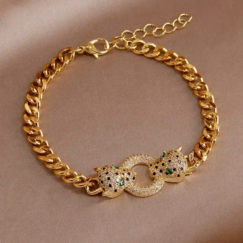 Classic Crystal Leopard Charm Bracelets for Women Fashion Brand Jewelry Set Delicate Zirconia Chain Choker Necklaces Party Gift Good Vibrations