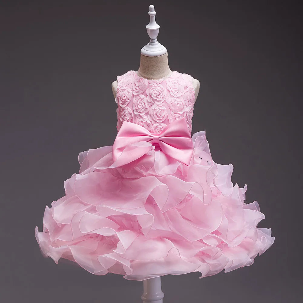 Girl's bow dress A dress with suspenders Rose flower girl wedding dress