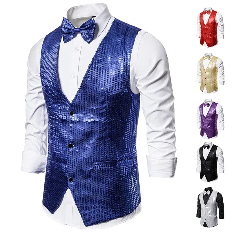 Gold Men's Sequin Vest Jacket, Single-breasted V-neck Sleeveless Vests Coat, Wedding Party Waistcoat Silver Blue Purple Red Tops