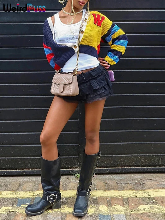 Weird Puss Y2K Cardigan Sweater Women Letter Print Casual Wild V-Neck Button Colorful Patchwork Street Trend Hipster Knit Coat Good Vibrations