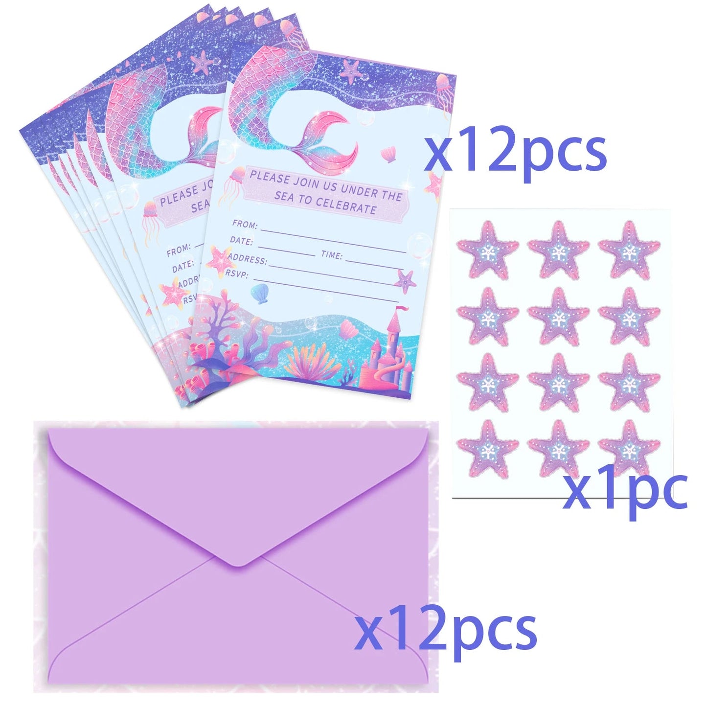 12pcs Cartoon Mermaid Shell Invitation Cards Purple Envelopes Star Stickers Girls Baby Shower Birthday Party Wedding Supplies Good Vibrations