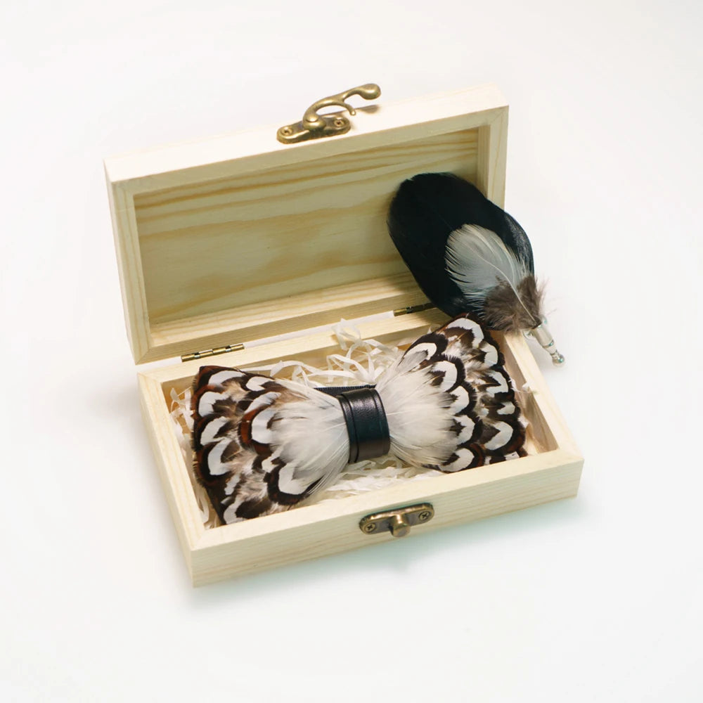 Wedding Bow Tie for Men handmade feather bow tie black white Pre-tied bowtie brooch wooden box Set for Party birthday Gift Good Vibrations