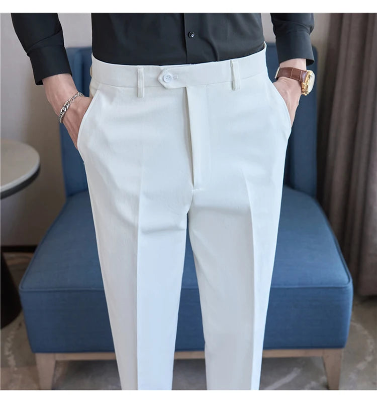 Men Suit Pants 2025 Elastic Slim Fit Formal Dress Pants Solid Casual White Trousers Pantalon Homme Wedding Party Men Clothing Good Vibrations