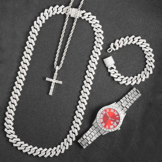16mm Hip Hop Miami Cuban Link Chain Set Necklace +Watch+Bracelet Creative Iced Out Shiny Trendy Stylish Jewelry For Women Men Good Vibrations