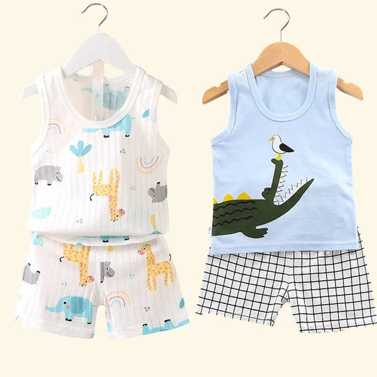 Children's Clothing Print Sleeveless Tops Shorts Cute Breathable Kids Summer Vest Shorts Set Tank Top for Baby Clothing Children Good Vibrations