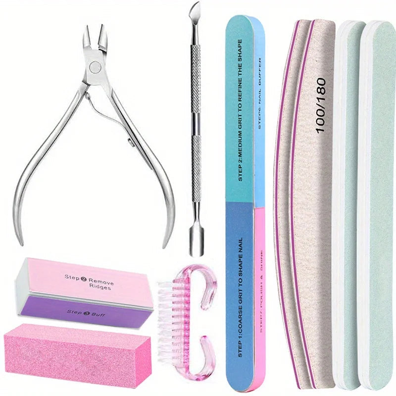 10Pcs/lot Nail Art 100/180 Grit Professional Files Buffer Sponge Block Brush Nail Scissors Kit With Cuticle Nipper Pushers Good Vibrations