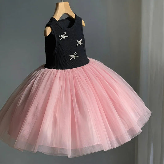 Children's Clothing, Girls' Dress, Summer New Style, Children's Evening Cloud Yarn, Flying Sleeve Princess Dress, Baby Bow Dress Good Vibrations