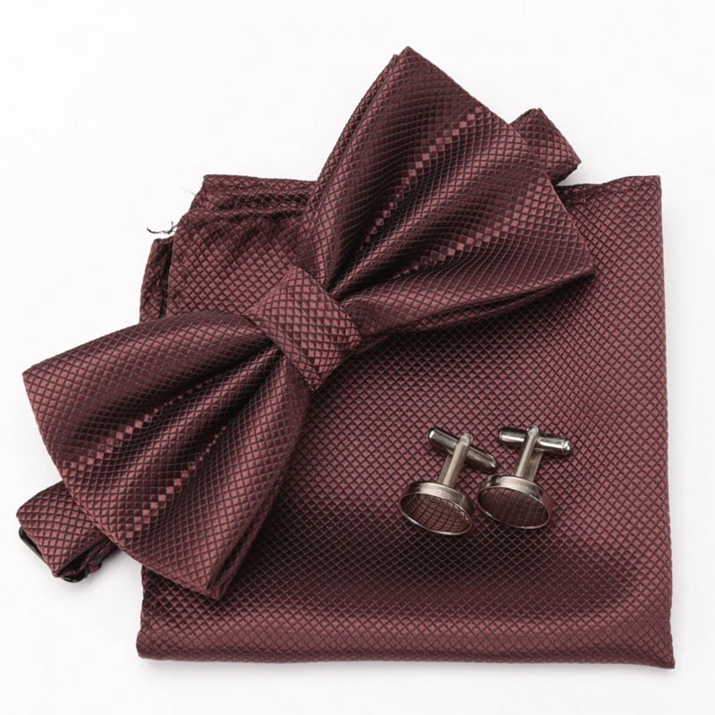 Men Bowtie Set 3pcs Plaids Classic Fashion Wedding Party Formal Cufflinks Bow Tie Handkerchief Cuff Links Lots Three Piece Set Good Vibrations