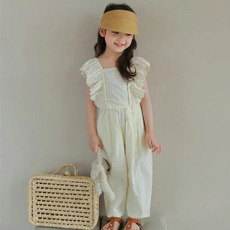 Girls' Clothing Set Hollow Lace Flying Sleeves Top+Cropped pants Summer New Solid Color Minimalist Temperament Children's Set Good Vibrations