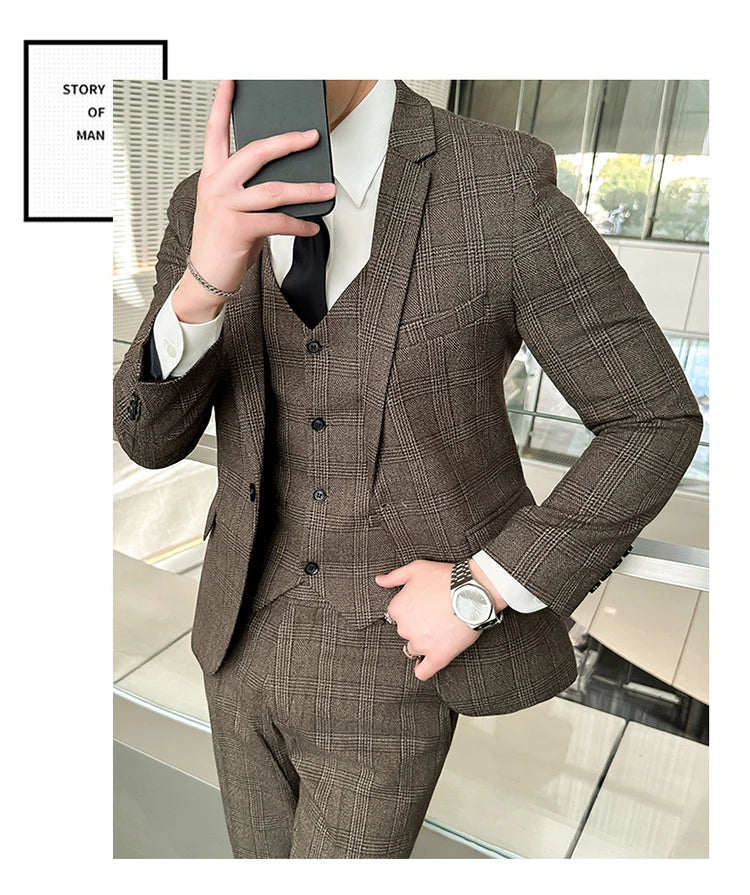 Quality Three-piece Suit Vest Trousers Set for Men Korean Fashion Slim Fit Business Casual Wedding Handsome Style
