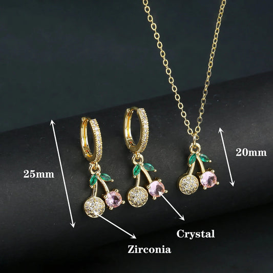 Light Luxury Crystal Zirconia Red Cherry Jewelry Set Earrings Necklace for Women Girls Sweet Jewelry Accessories Party Gifts Good Vibrations Adult Super Store